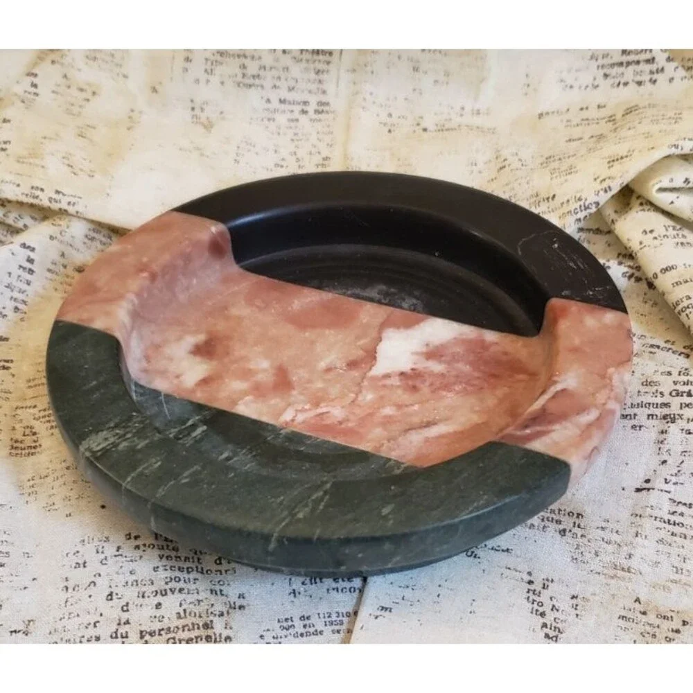 Vintage - Heavy Marble/Stone Black and Pink Ash Tray, Candle Holder, Catch-all